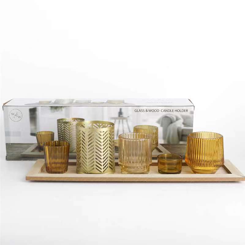 6PC GLASS VOTIVE CANDLE HOLDERS ON WOODEN TRAY - AMBER