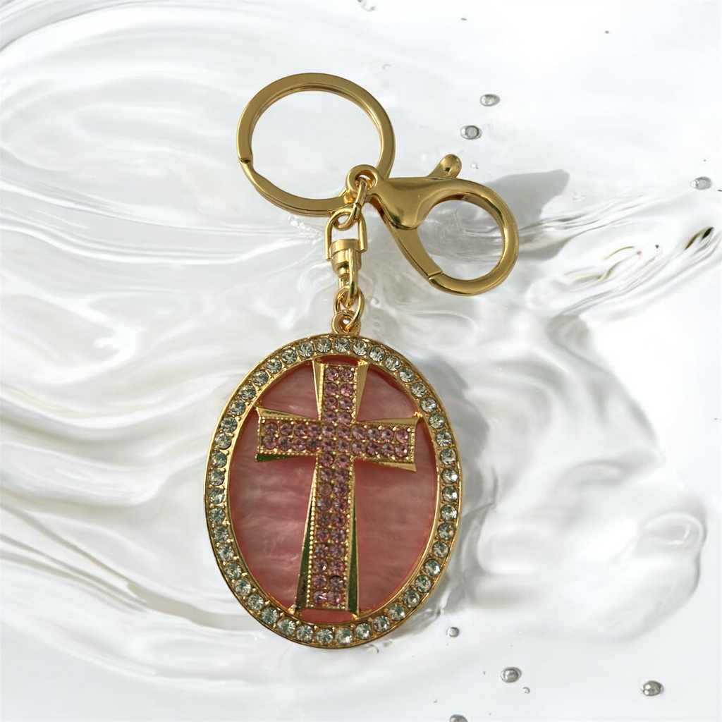 Diamante Pink Cross Keyring