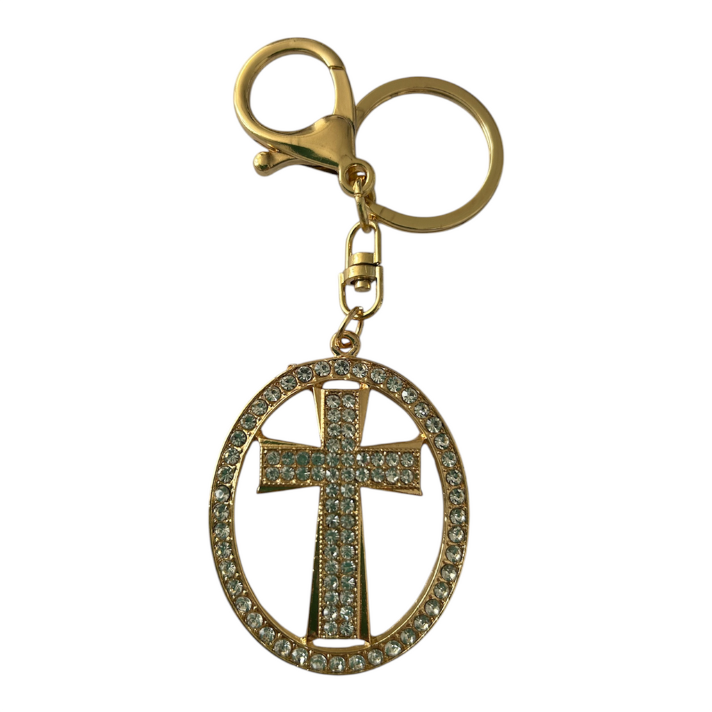 Diamante White Cross Keyring
