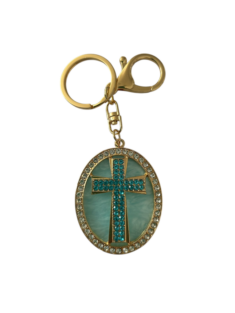 Diamante Blue Cross Keyring