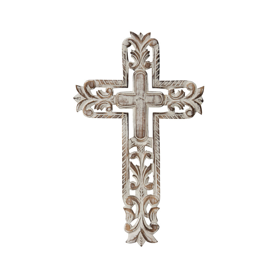 Hand-carved Cross w/Fleur-de-Lis Wallart 25x1x40cm
