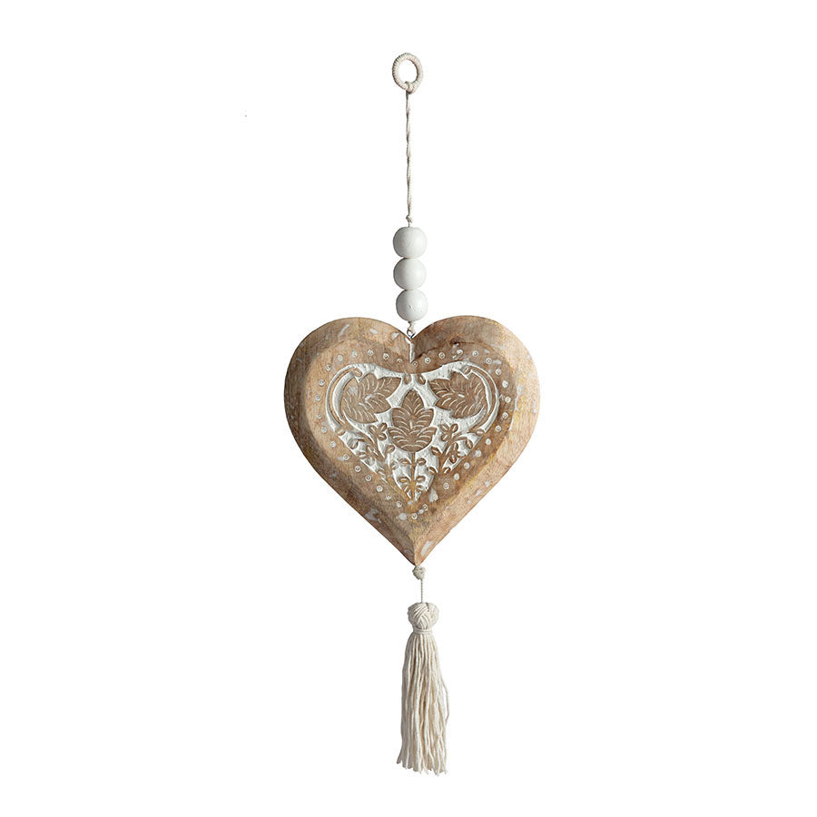 HANDCRAFTED MANGO WOOD HEART W/BEADS & TASSLE