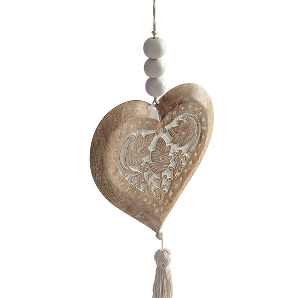 HANDCRAFTED MANGO WOOD HEART W/BEADS & TASSLE