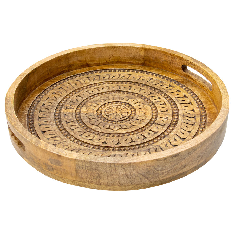 CARVED MANGO WOOD ROUND MANDALA TRAY