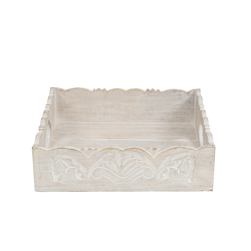Handcrafted Mango Wood Carved Square Tray 33x33x9cm