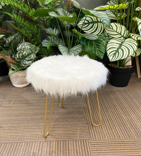 FAUX FUR SHAGGY WHITE 3-LEGGED STOOL/FOOTSTOOL