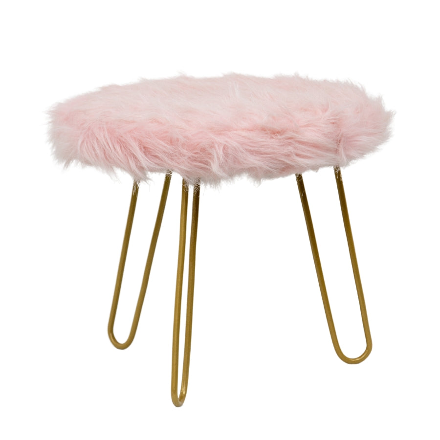 FAUX FUR SHAGGY PINK 3-LEGGED STOOL/FOOTSTOOL