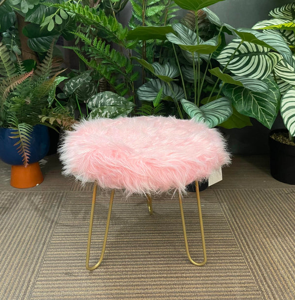 FAUX FUR SHAGGY PINK 3-LEGGED STOOL/FOOTSTOOL