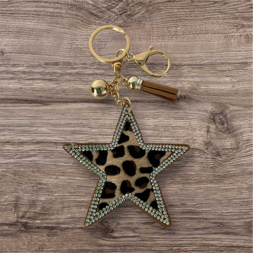 Star leopard print  keyring with diamantes